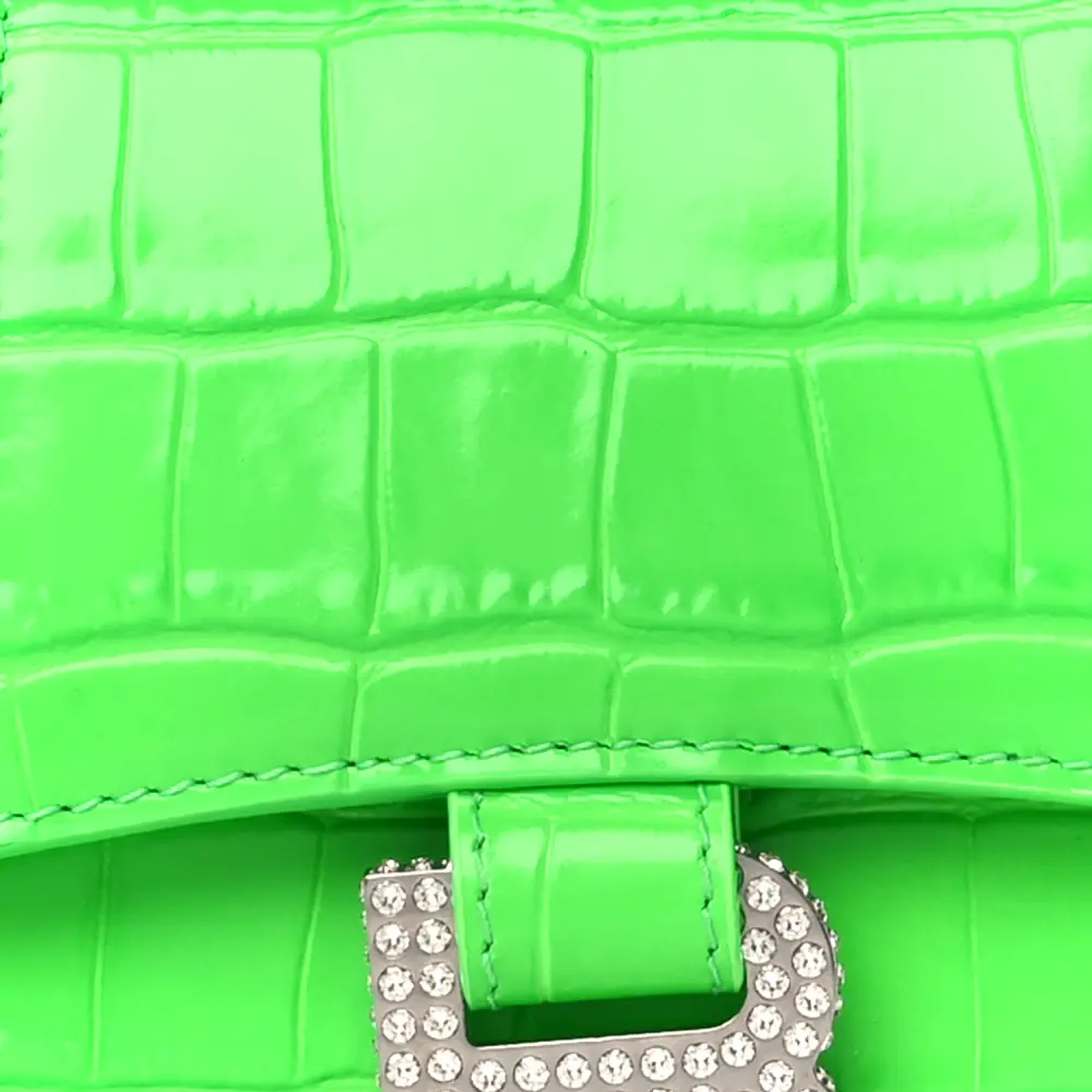 Balenciaga XS Hourglass Top Handle Bag Fluo Green Strass Crocodile Embossed Shiny Calfskin Leather Silver Hardware - 图片 9