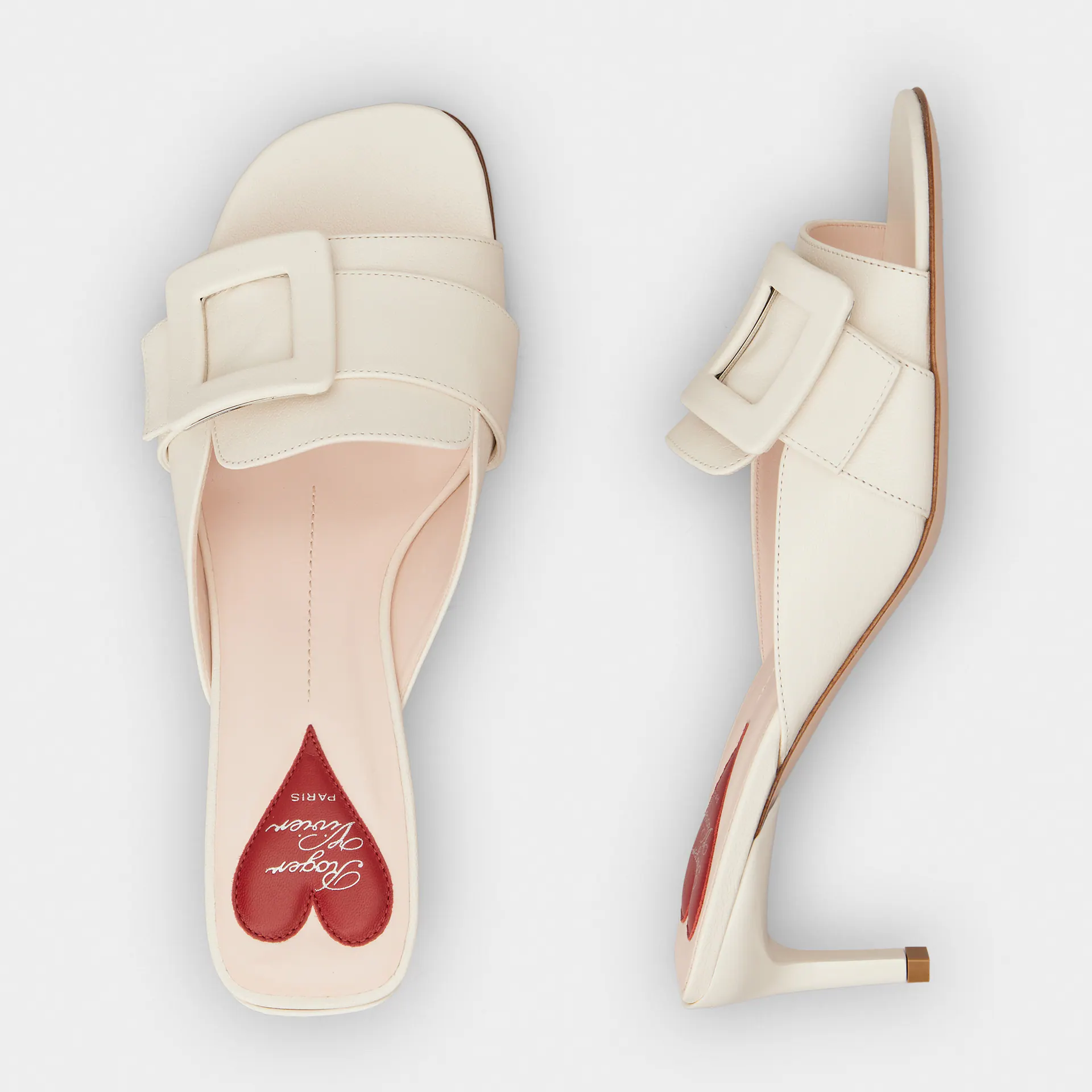 Roger Vivier Viv' Canard Mules Sandals In White Leather With Lacquered Metal Buckle (Heel Height 5.5cm) - 图片 4