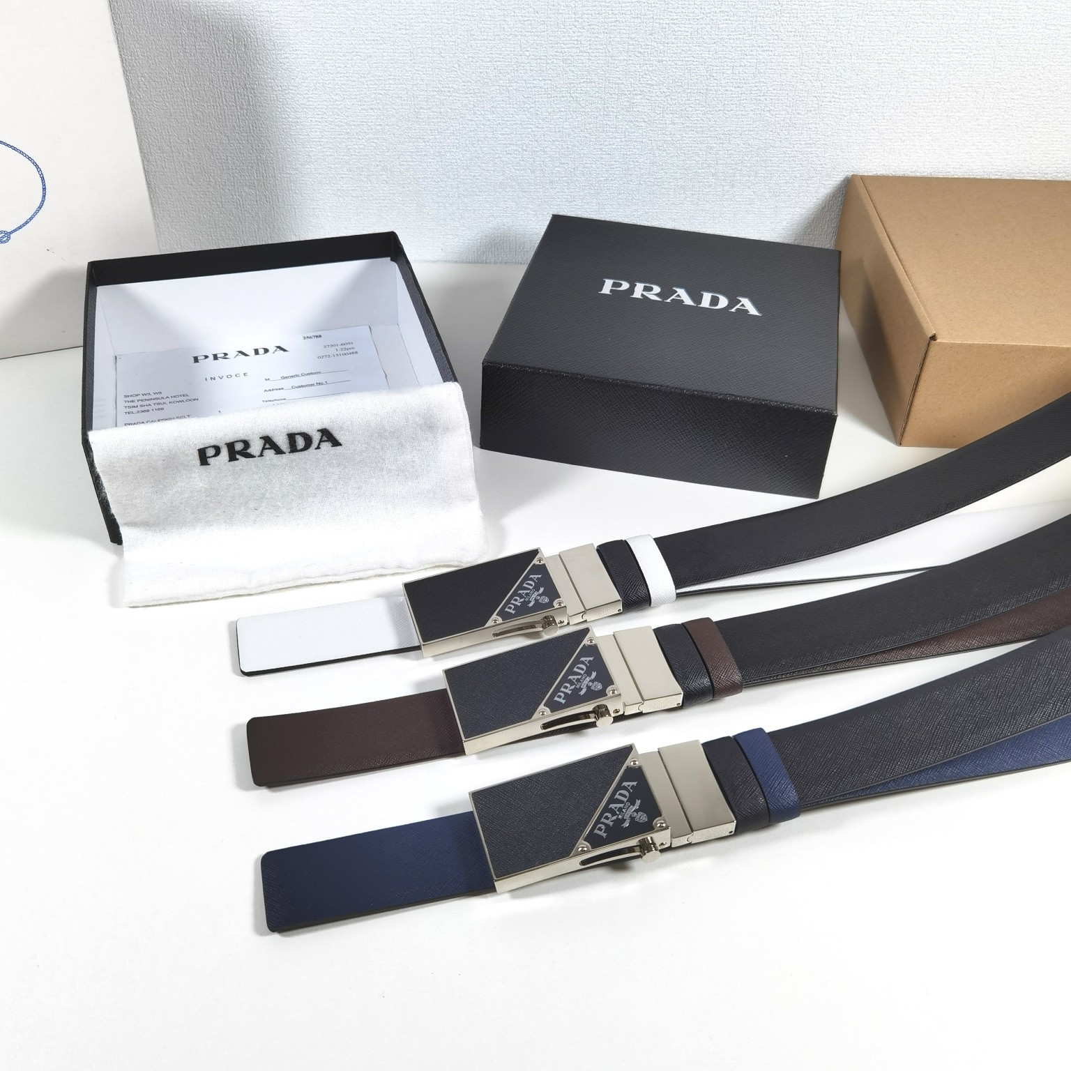 Prada Men' s Square Buckle Belt In Black/Brown/Blue/White Saffiano Calfskin With Silver Hardware 35mm - 图片 4