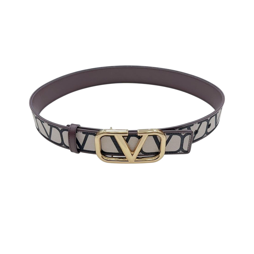 Valentino V Buckle Belt In Red/Black/Coffee Monogram Logo Calfskin With Gold/Gun Black Hardware 40mm - 图片 5