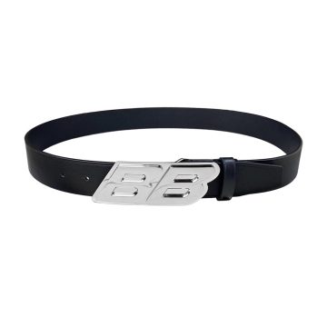 Balenciaga Men's Moto Logo Belt In Black Natural Calfskin With Gold/Silver Hardware 35mm