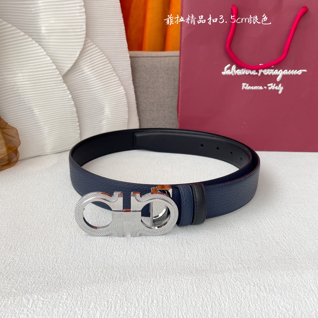 Ferragamo Men's Double Gancini Buckle Reversible Belt In Blue/Black/Burgundy Grained Calfskin With Gold/Silver/Black Hardware 35mm - 图片 10