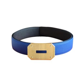 Hermès Men' s Long Square Buckle Reversible Belt In Electric Blue Epsom Calfskin With Gold Hardware 32mm