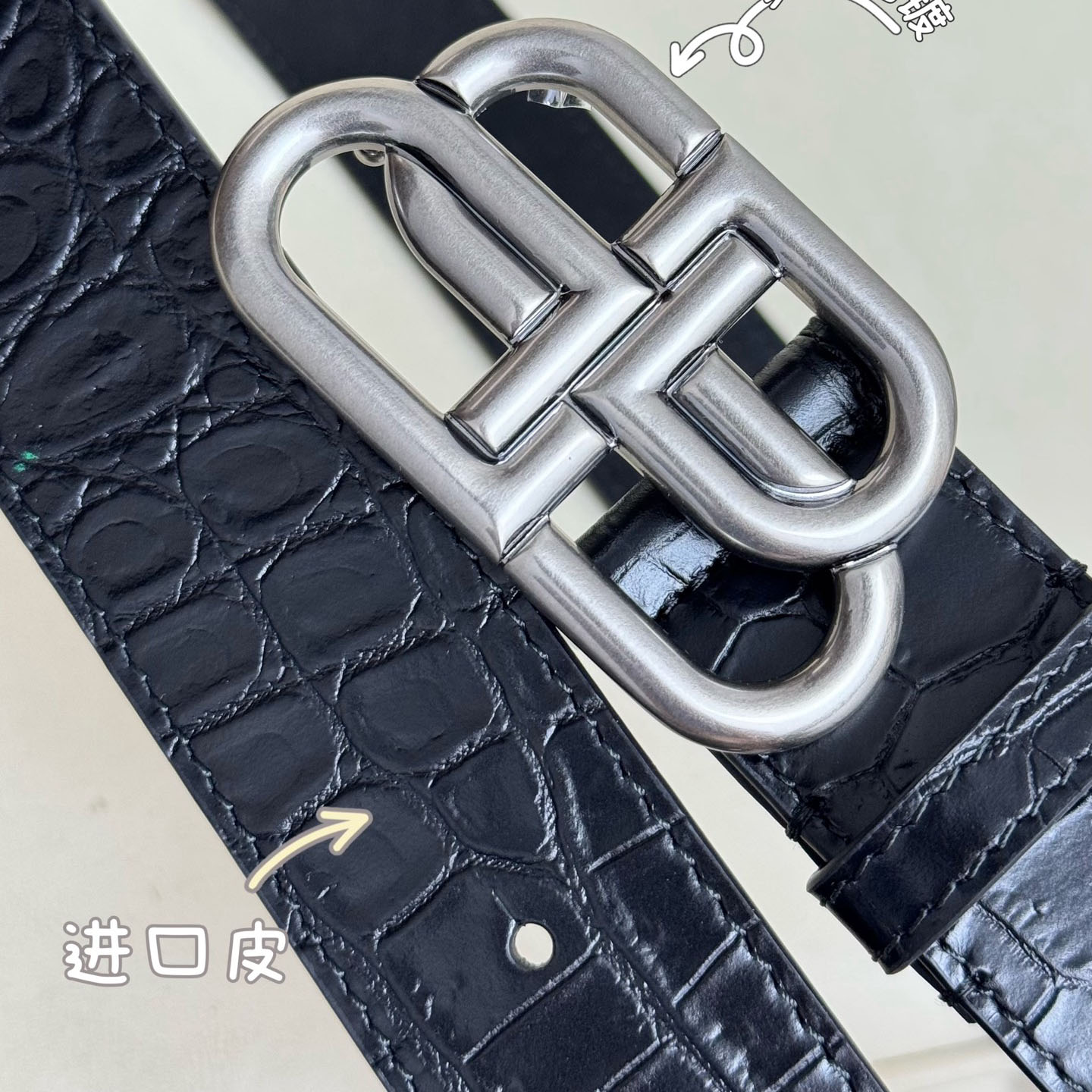 Balenciaga Men's New BB Palladium Buckle Belt In Black Embossed Crocodile Calfskin With Silver/Gold/Matte Black Hardware 35mm - 图片 4
