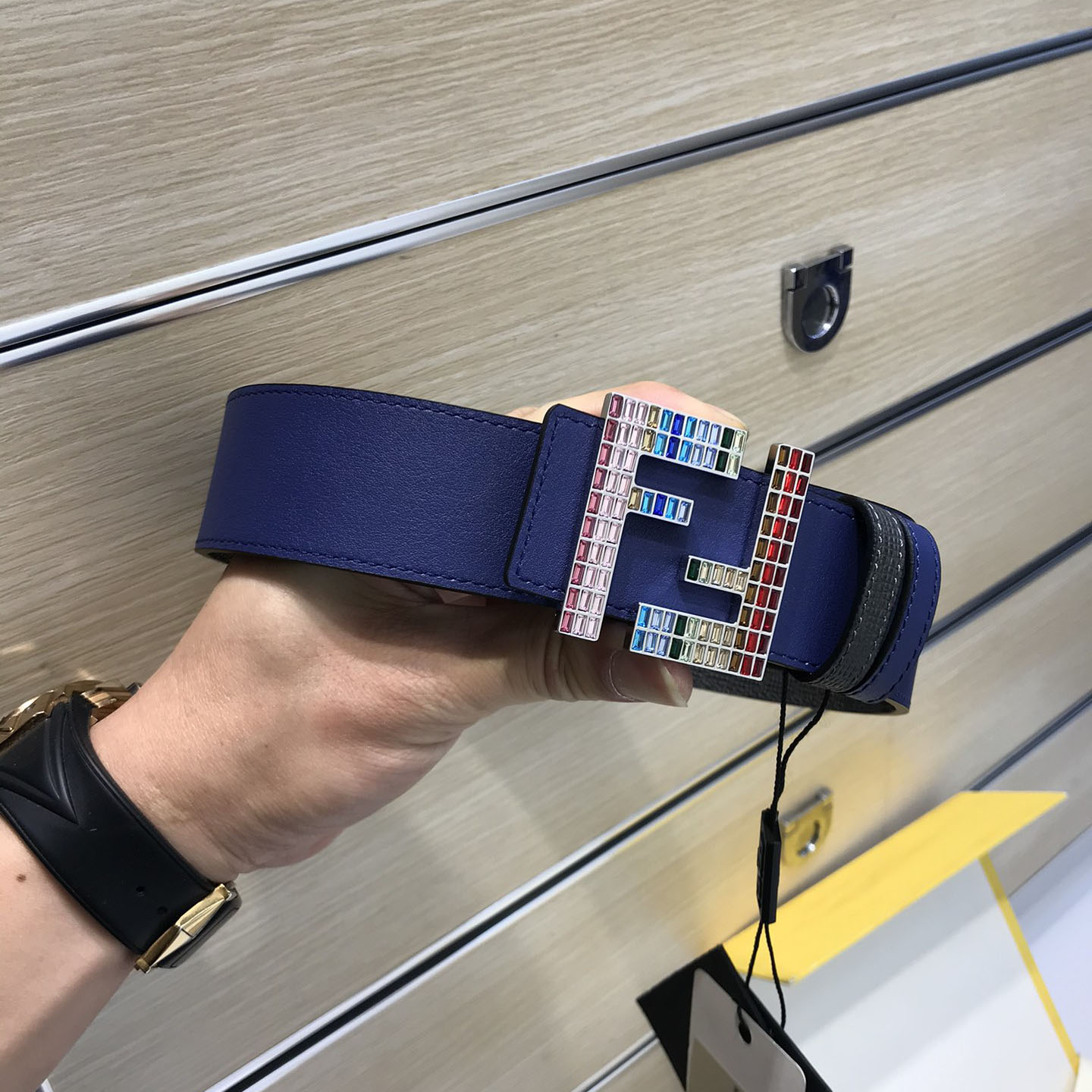 Fendi Men's FF Multicolor Buckle Belt In Blue/Yellow/Red/Black Epsom Calfskin With Silver/Black Hardware 38mm - 图片 2