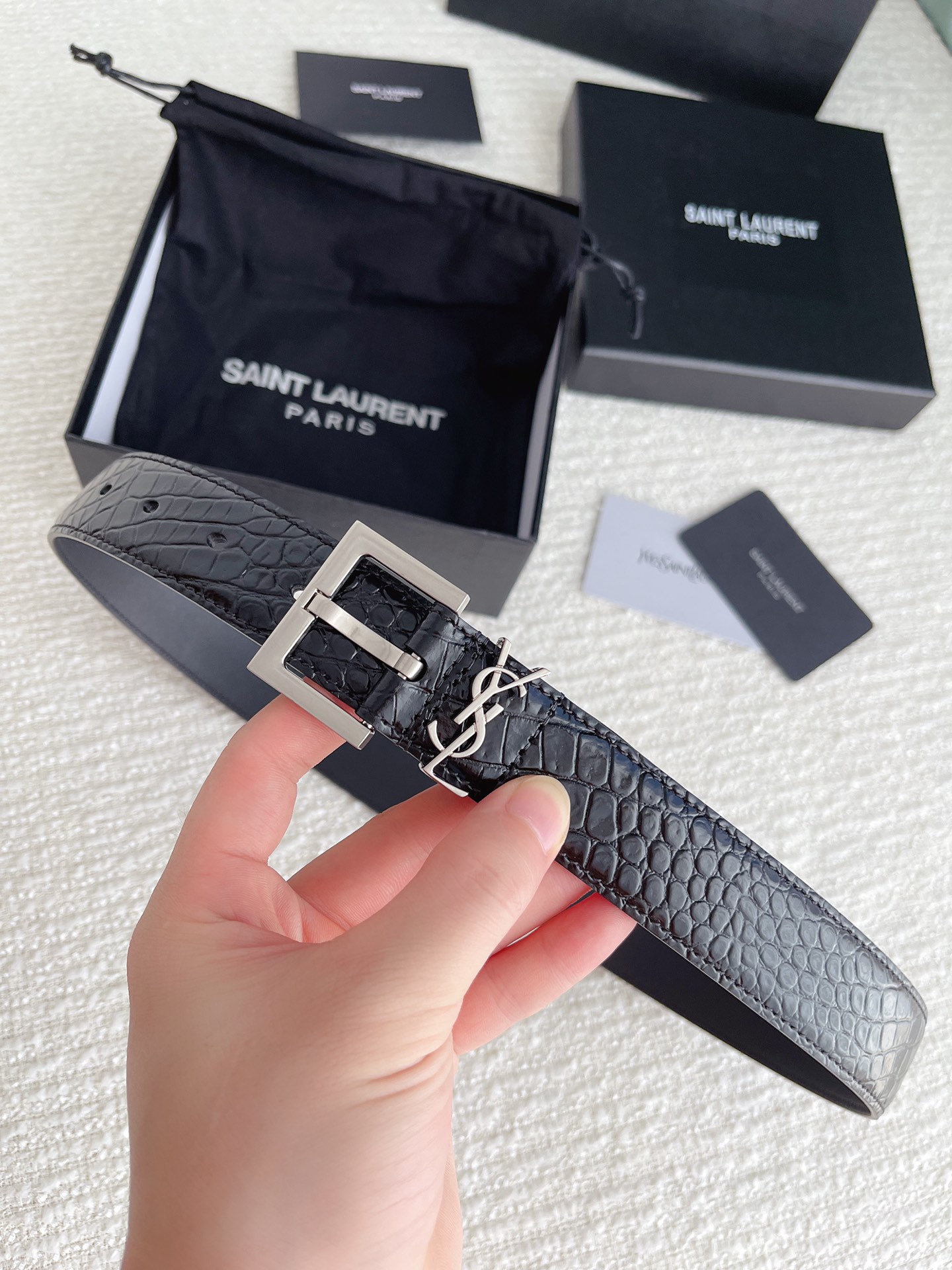 Saint Laurent Cassandre Belt In Black Crocodile-Embossed Calfskin With Gold/Silver/Black Hardware 30mm - 图片 9