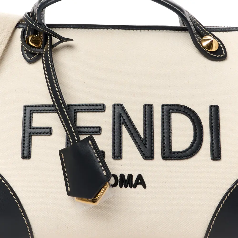 Fendi Medium Logo Embroidered By The Way Boston Bag Grezzo/Black Canvas & King Vitello Leather Gold Hardware - 图片 2