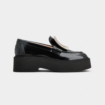 Roger Vivier Viv' Rangers Loafers In Black Patent Leather With Metal Buckle (Heel Height 5.5cm)