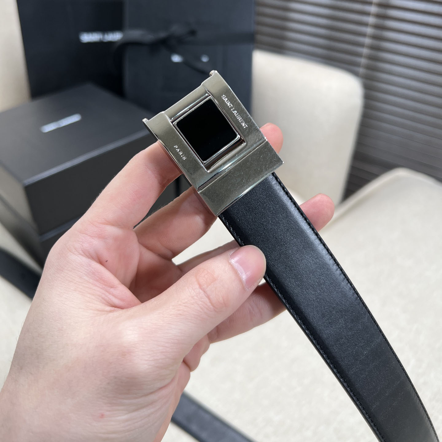 Saint Laurent Square Buckle Belt In Black/Burgundy Calfskin With Gold Hardware 30mm - 图片 9