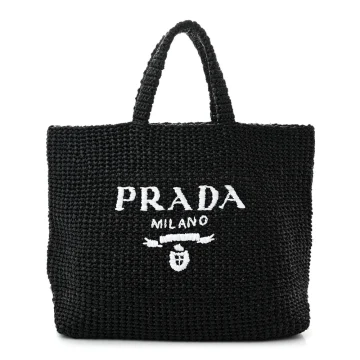 Prada Large Effect Crochet Logo Tote Bag Black Yarn Raffia