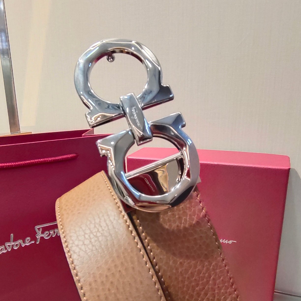 Ferragamo Men's Double Gancini Buckle Reversible Belt In Orange/Black/Brown/Blue Grained Calfskin With Gold/Silver Hardware 35mm - 图片 7