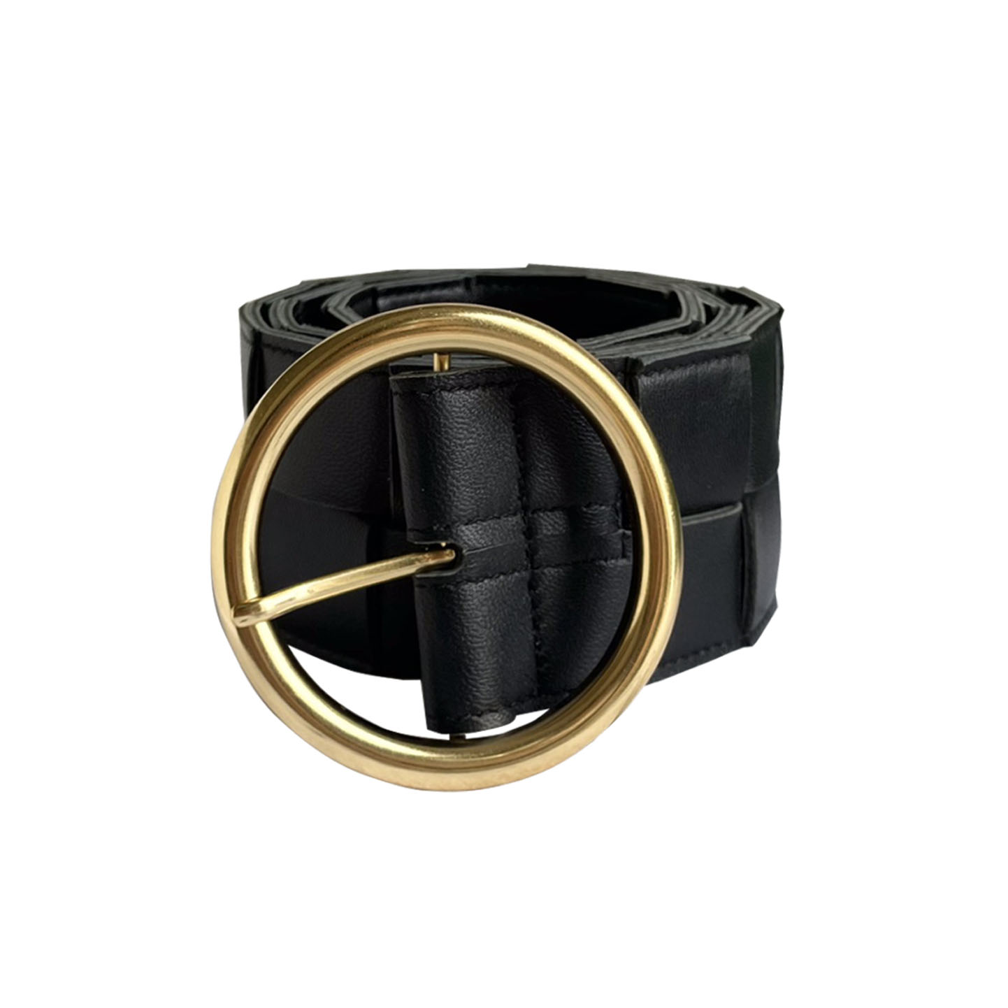 Bottega Veneta Women's Round Buckle Maxi Intrecciato Adjustable Belt In Pink/Blue/White/Coffee/Black Calfskin With Gold Hardware 60mm - 图片 8