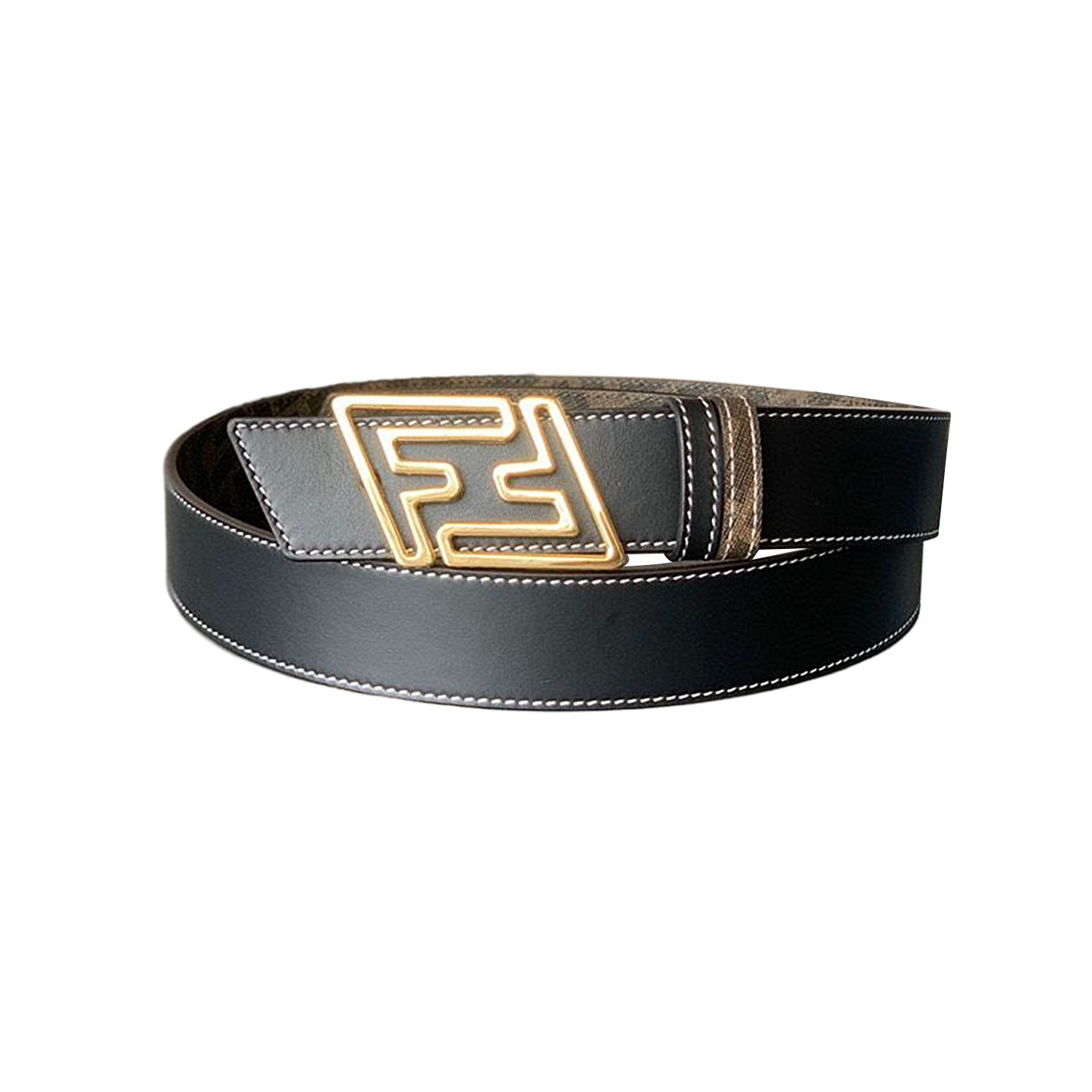 Fendi Men's Faster Reversible Belt In Beige/Black/Brown Calfskin And Monogram Canvas With Gold/Silver Hardware 35mm - 图片 6