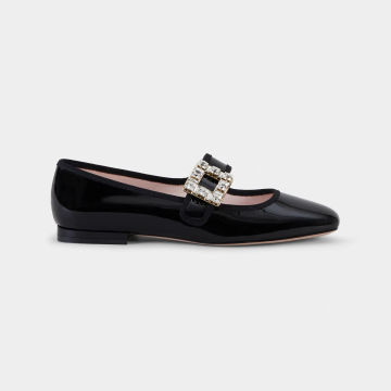 Roger Vivier Très Vivier Dasiy Mary Janes In Black/White Patent Leather With Crystal Buckle (Heel Height 0.5cm)