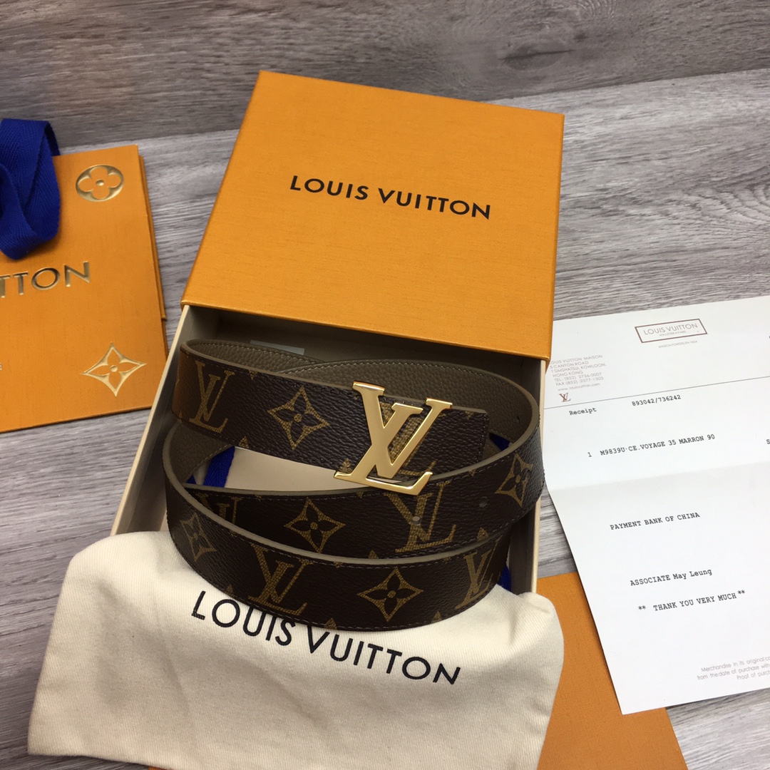 Louis Vuitton Women's Initiales Reversible Belt In Bkue/Black/Grey/Brown/Burgundy/Red/Pink Calfskin And Monogram Canvas With Gold Hardware 30mm - 图片 9