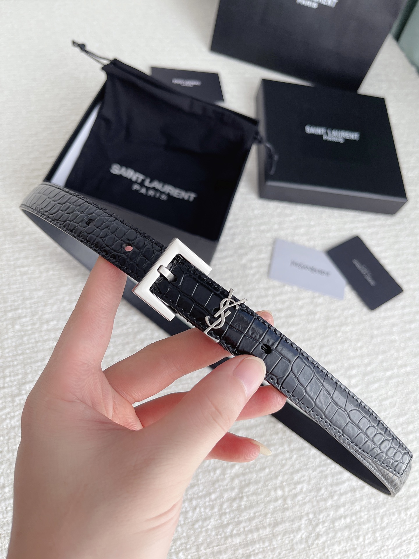 Saint Laurent Cassandre Belt In Black Crocodile-Embossed Calfskin With Gold/Silver/Black Hardware 20mm - 图片 8