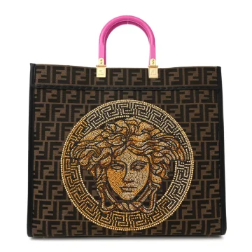 Fendi Large Fendace FF Medusa Studded Fendi Sunshine Shopper Tote (F x V) Marrone/Fuxia Jacquard Fabric, Calfskin Leather, & Plexiglass Gold Hardware