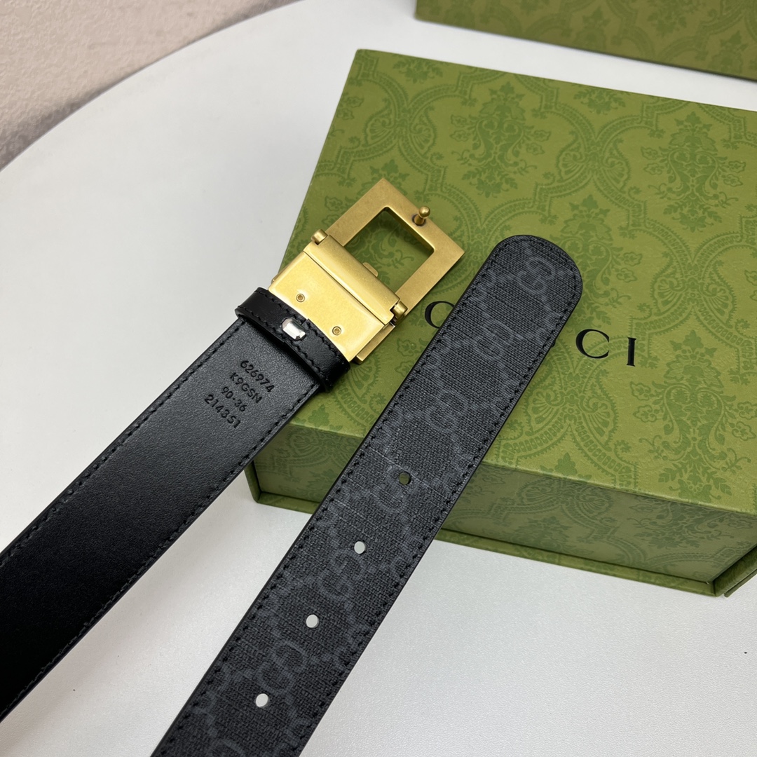 Gucci Men's Square G Buckle Reversible Belt In Black/Brown/Beige Monogram Calfskin And Canvas With Gold/Silver Hardware 25mm - 图片 6