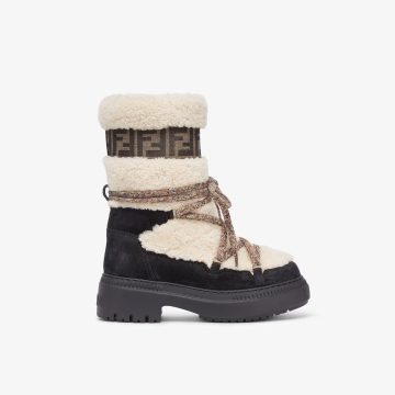 FENDI White sheepskin and black suede boots