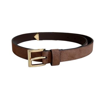 Prada Women' s Square Buckle Belt In Brown/Black Suede Calfskin With Gold/Silver Hardware 25mm