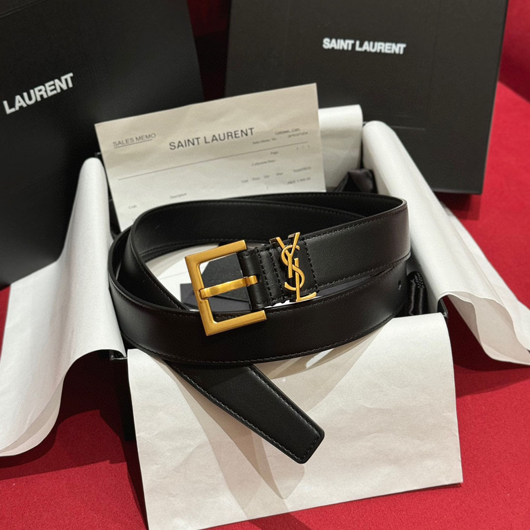 Saint Laurent Cassandre Belt In Black/Coffee Smooth Calfskin With Black/Gold/Silver Hardware 30mm - 图片 9