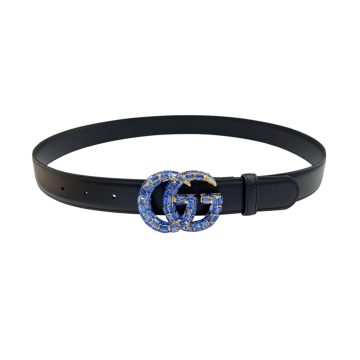 Gucci Women's GG Buckle With Crystals Marmont Thin Belt In Black/Red/Khaki/White/Grey/Green Smooth Calfskin With Gold/Silver Hardware 30mm