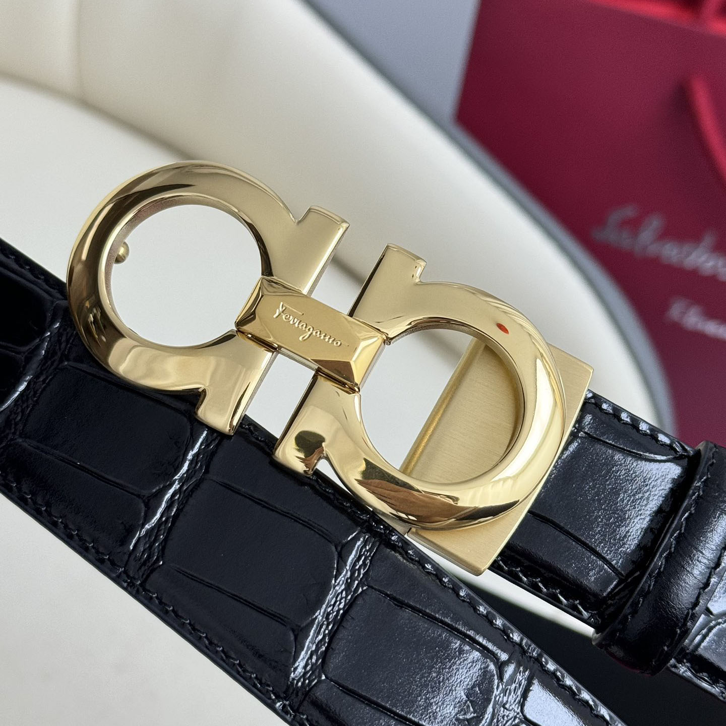 Ferragamo Men's Double Gancini Buckle Reversible Belt In Black Crocodile-Embossed Calfskin With Gold/Silver/Black Hardware 35mm - 图片 2