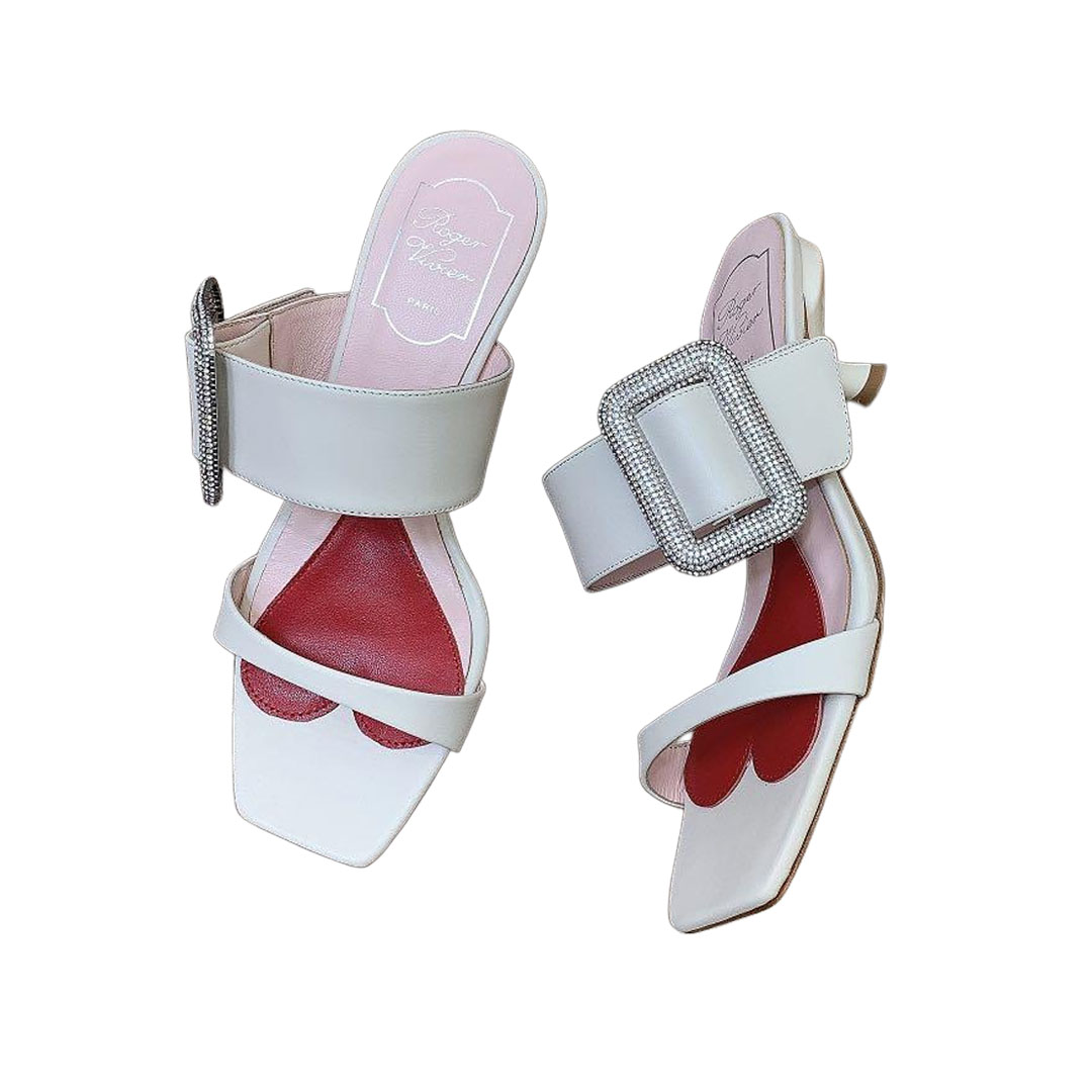 Roger Vivier Viv' Rangers Mules Sandals In White/Black/Blue Leather With Crystal Buckle (Heel Height 5.5cm) - 图片 6