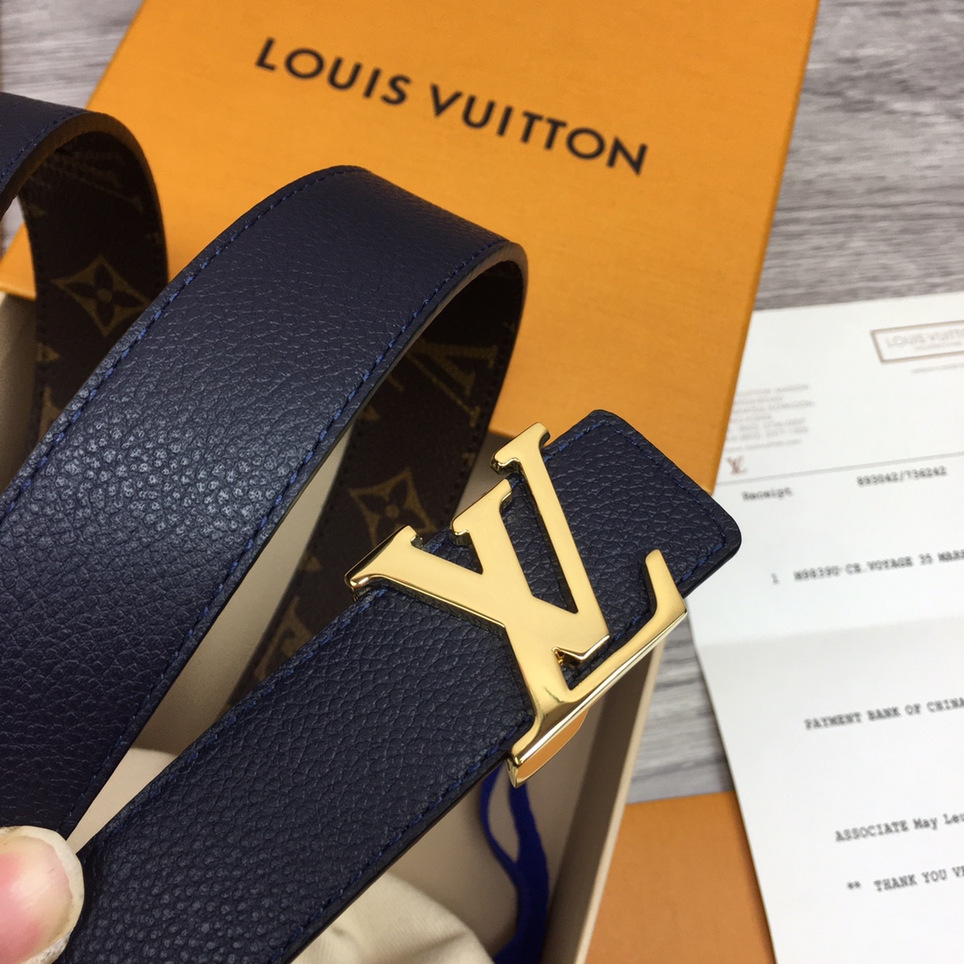 Louis Vuitton Women's Initiales Reversible Belt In Bkue/Black/Grey/Brown/Burgundy/Red/Pink Calfskin And Monogram Canvas With Gold Hardware 30mm - 图片 4