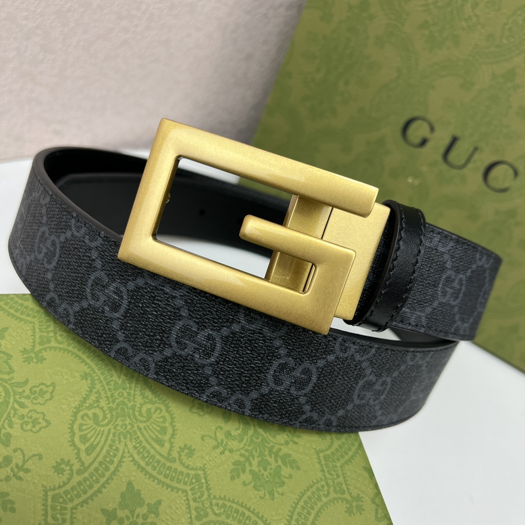 Gucci Men's Square G Buckle Reversible Belt In Black/Brown/Beige Monogram Calfskin And Canvas With Gold/Silver Hardware 25mm - 图片 5
