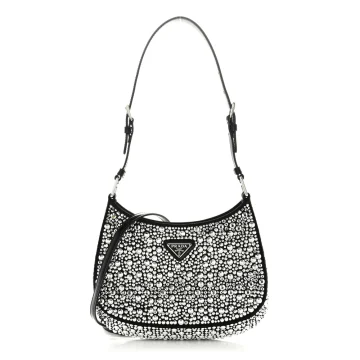 Prada Medium Cleo Adjustable Strap Shoulder Bag Metal Satin & Crystal Silver Hardware