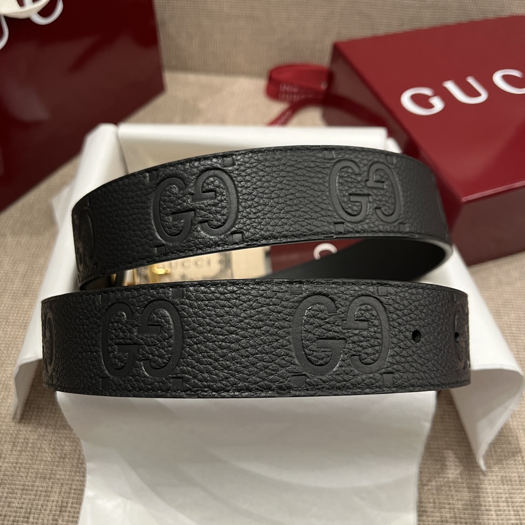 Gucci Men's Rectangular Buckle Reversible Belt In Black Monogram Calfskin With Gold/Silver Hardware 35mm - 图片 6
