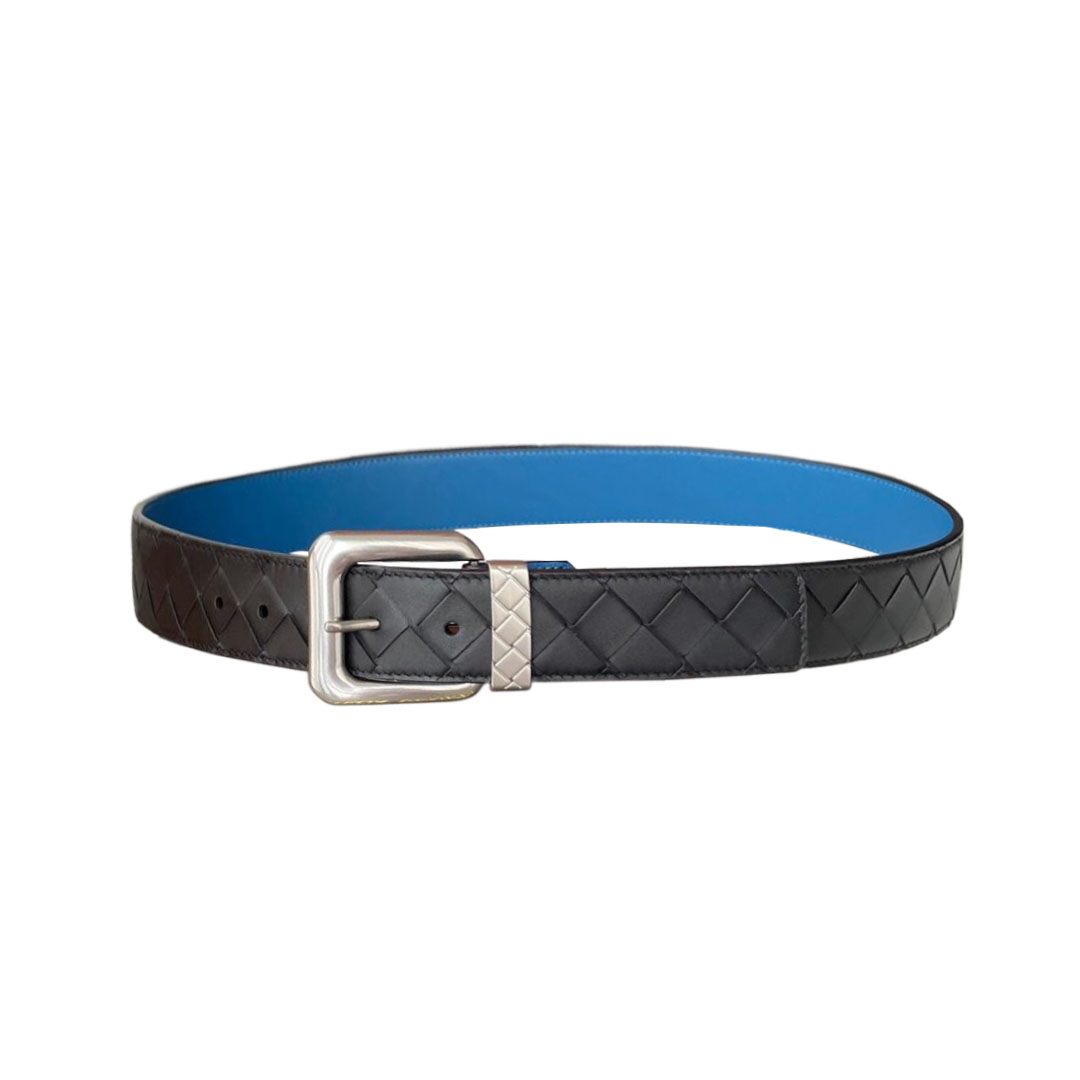 Bottega Veneta Men's Square Buckle Intrecciato Reversible Belt In Blue/Coffee Calfskin With Silver Hardware 35mm - 图片 3