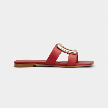 Roger Vivier Viv' By The Sea Mules Flats In Red Leather With Metal Buckle
