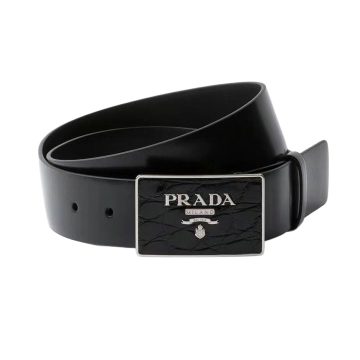Prada Men' s Square Buckle Belt In Black Calfskin With Gold/Silver Hardware 35mm
