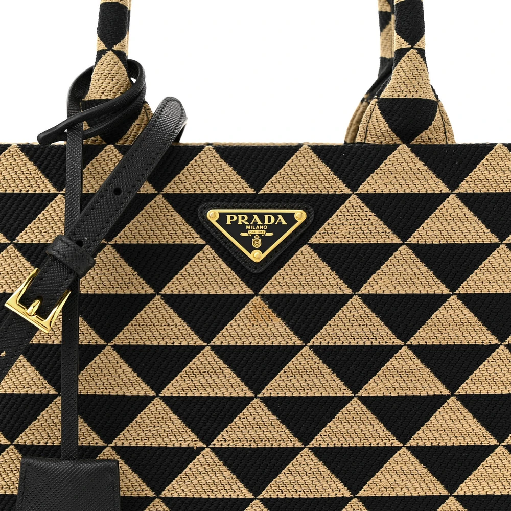 Prada Small Triangolo Symbole Embroidered Tote Black and Corda Jacquard Saffiano Leather Gold Hardware - 图片 8