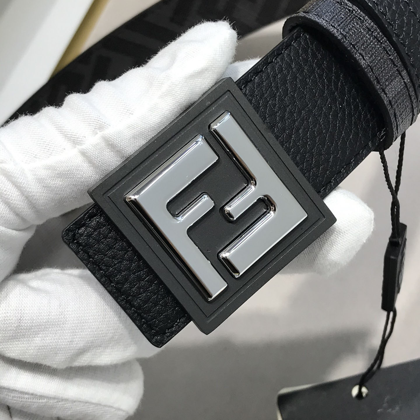 Fendi Men's Square Buckle Belt In Black/Brown Grained Calfskin And Monogram Canvas With Gold/Silver Hardware 35mm - 图片 7