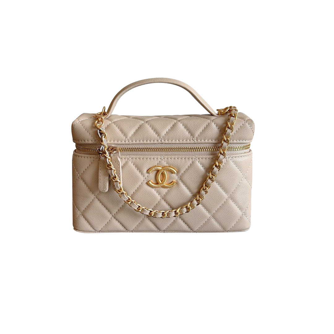 Chanel Apricot color / Yellow / Pink / white / Grey / Black Quilted Caviar Leather handle makeup bag handbag