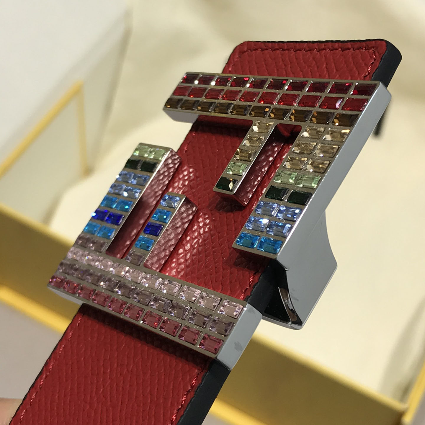 Fendi Men's FF Multicolor Buckle Belt In Blue/Yellow/Red/Black Epsom Calfskin With Silver/Black Hardware 38mm - 图片 10