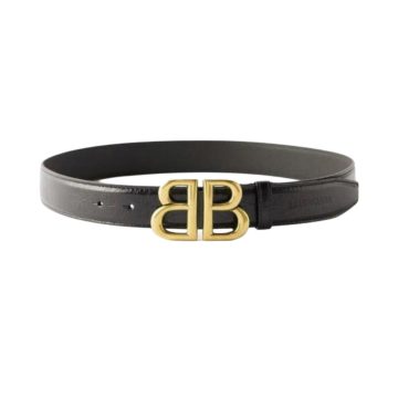 Balenciaga Men's Monaco Belt In Black Calfskin With Gold Hardware 30mm