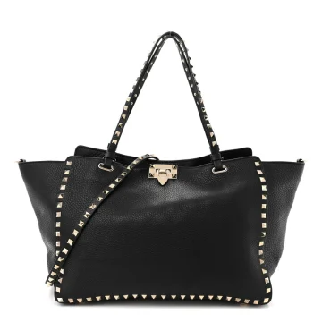 Valentino Garavani Medium Rockstud Tote Black Pebbled Calfskin Leather Gold Hardware
