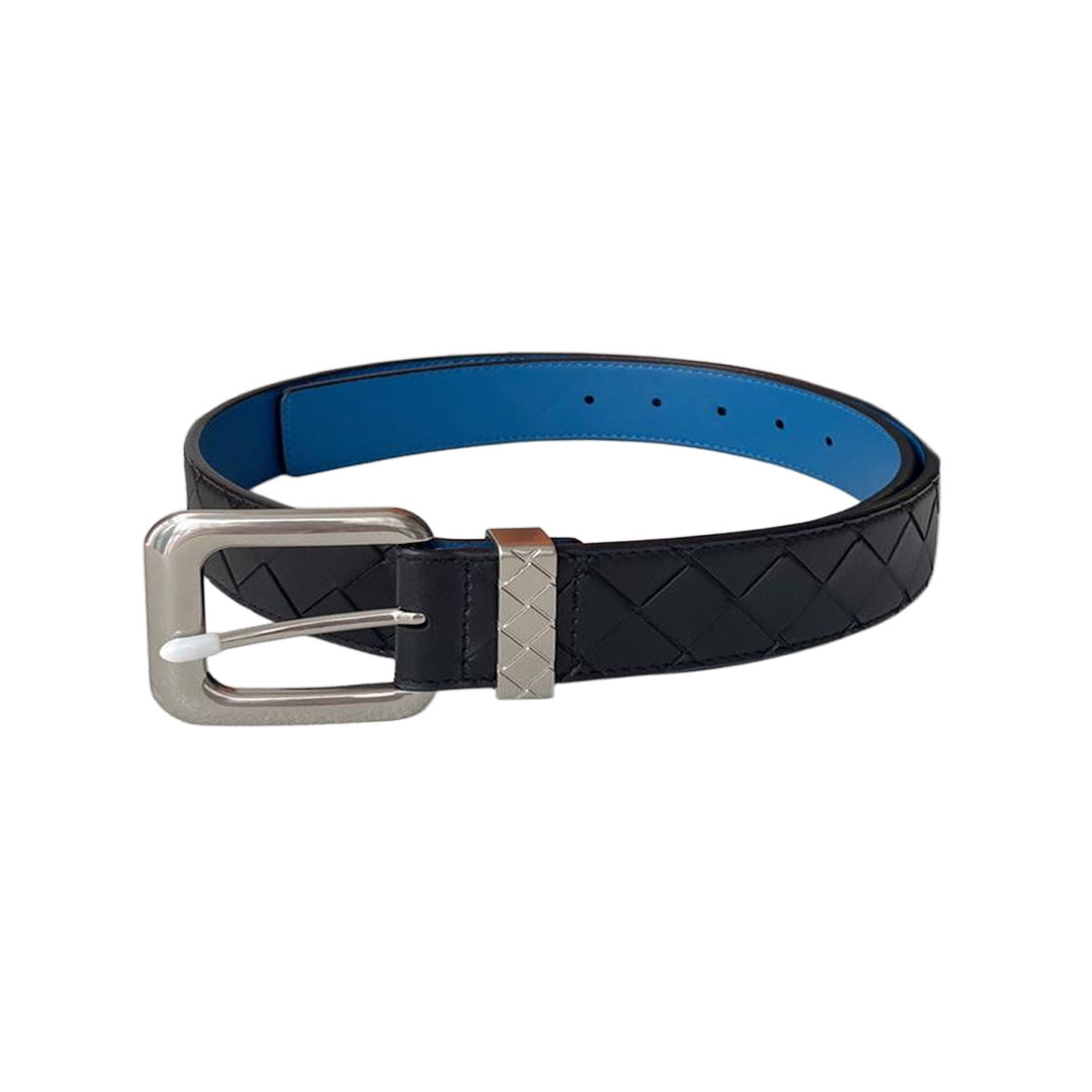 Bottega Veneta Men's Square Buckle Intrecciato Reversible Belt In Blue/Coffee Calfskin With Silver Hardware 35mm