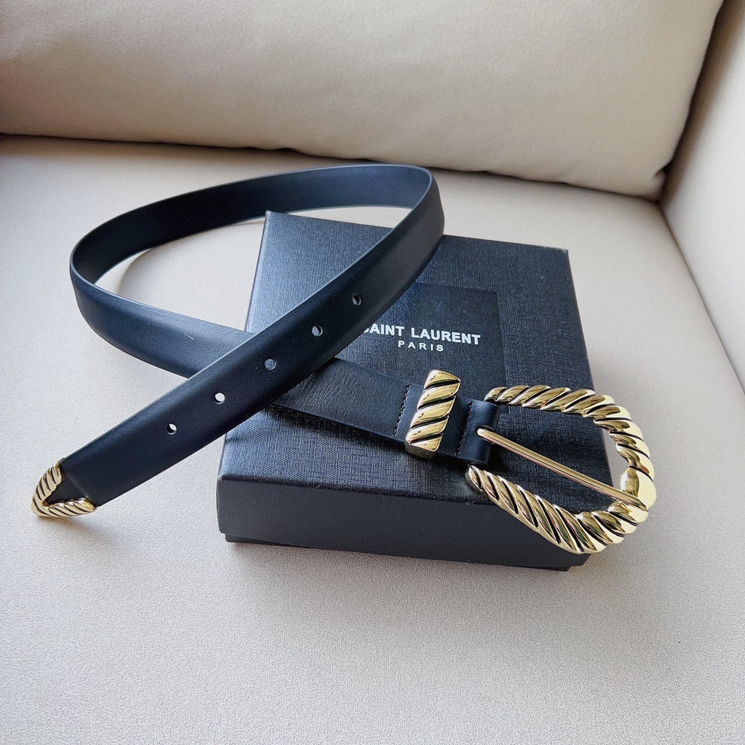 Saint Laurent Croissant De Lune Buckle Large Belt In Black Smooth Calfskin With Gold Hardware 30mm - 图片 3