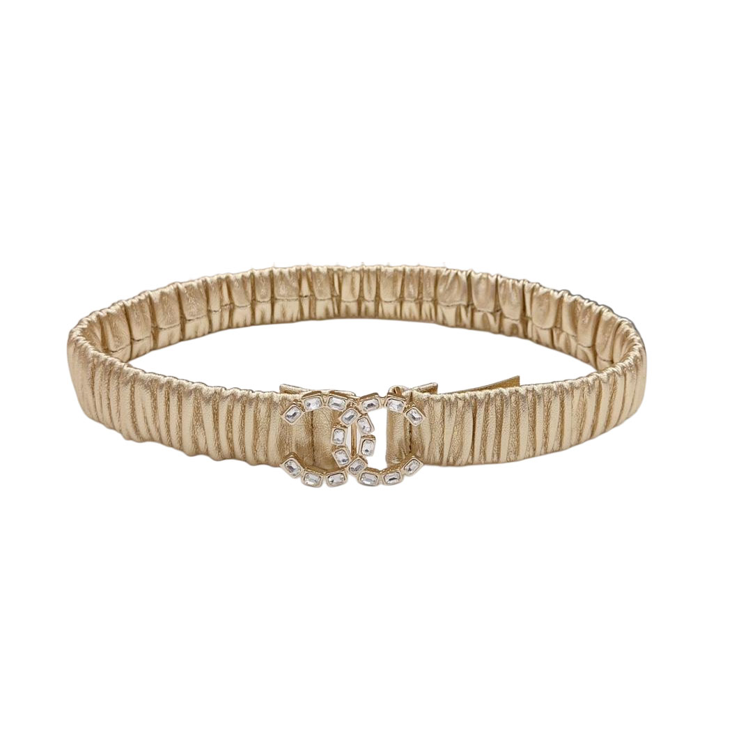 Chanel Women's CC Crystal Buckle Elastic Belt In Champagne Gold/Beige/Black/Red/Silver/Ivory/White Lambskin With Gold/Silver Hardware 30mm