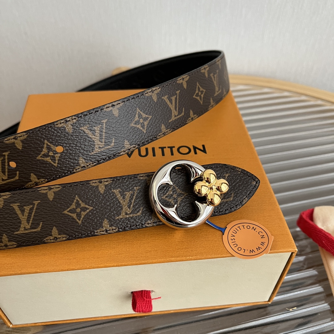 Louis Vuitton Women's Flowergram Round Buckle Reversible Belt In Black/White/Brown Calfskin And Monogram Canvas With Gold/Silver Hardware 30mm - 图片 4