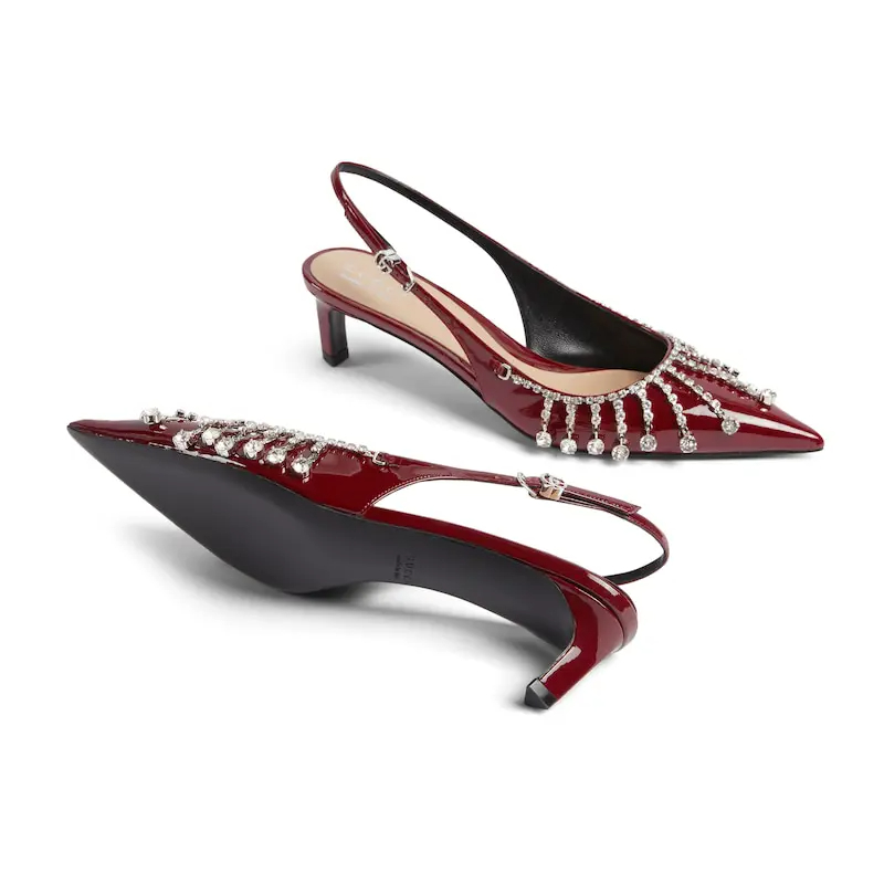 Gucci red pointed heels crystal high heels shoes Rear lace up high heels - 图片 5