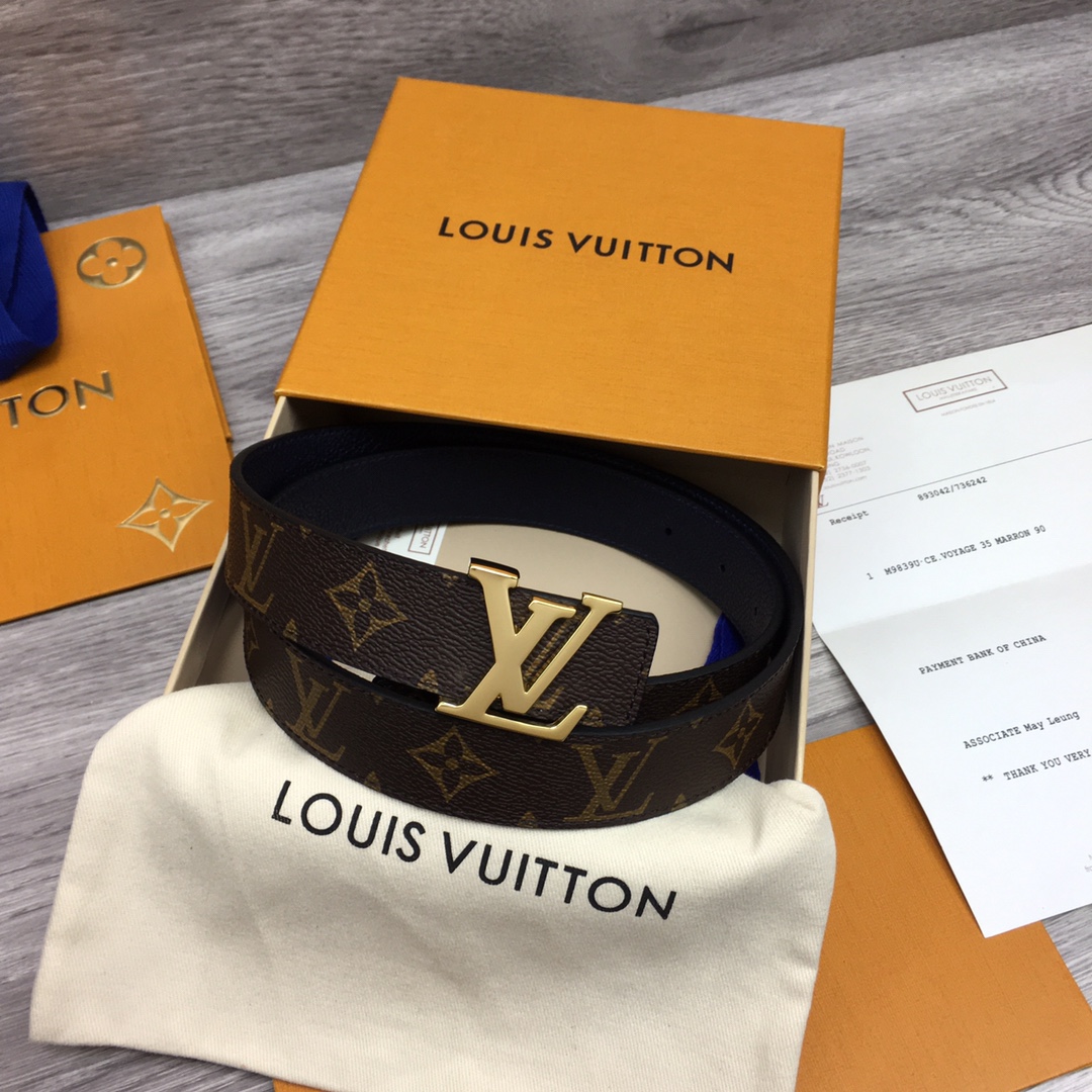 Louis Vuitton Women's Initiales Reversible Belt In Bkue/Black/Grey/Brown/Burgundy/Red/Pink Calfskin And Monogram Canvas With Gold Hardware 30mm - 图片 2