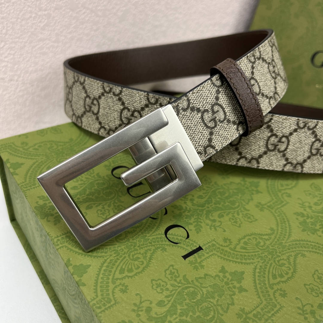 Gucci Men's Square G Buckle Reversible Belt In Black/Brown/Beige Monogram Calfskin And Canvas With Gold/Silver Hardware 25mm - 图片 2