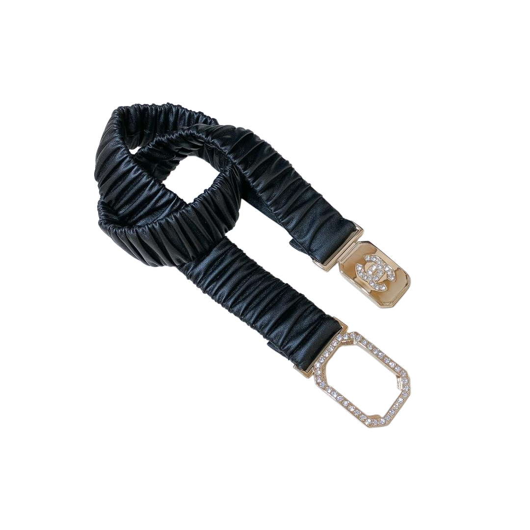 Chanel 23S Women's Crystal Rectangle Buckle Elastic Belt In Black Calfskin With Light Gold Hardware 30mm - 图片 2