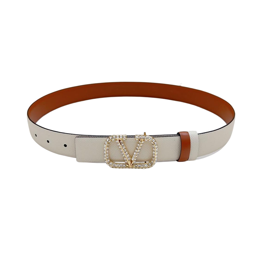 Valentino V Buckle With Crystal Belt In Black/Blue/Pink/Brown/White Calfskin With Gold Hardware 30mm - 图片 7